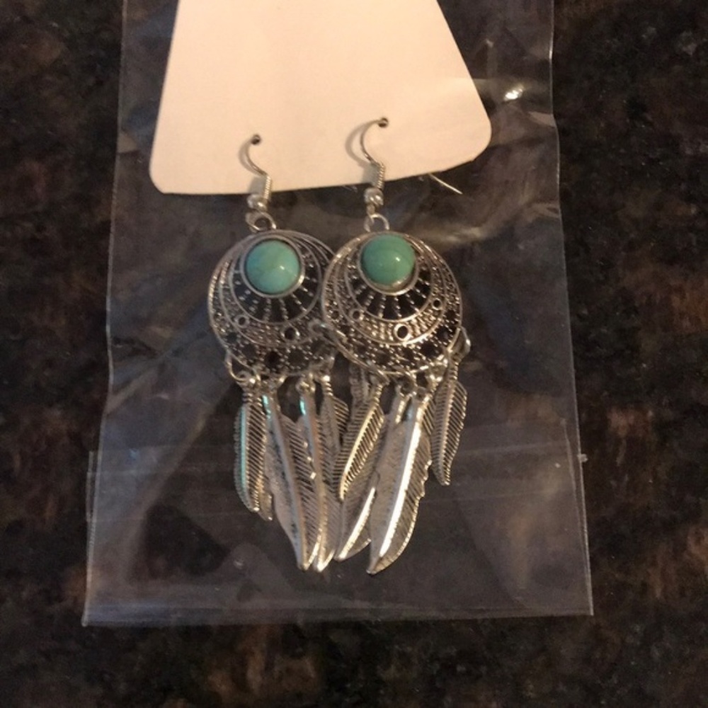 Dream Catcher Turquoise Dangle Earrings (Gold) - Picture 5 of 6
